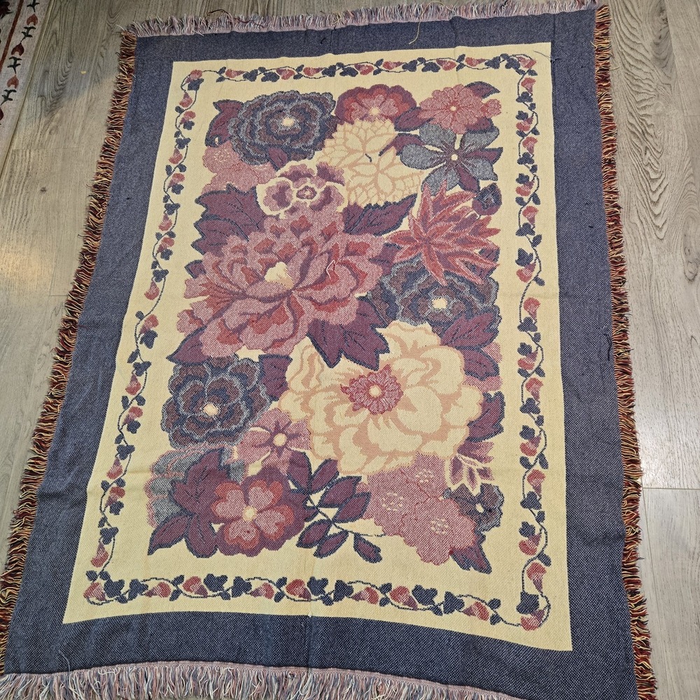 VTG Woodworkers And Weavers Tapestry Garden Flower Throw Blanket 46"x60" Cottage
